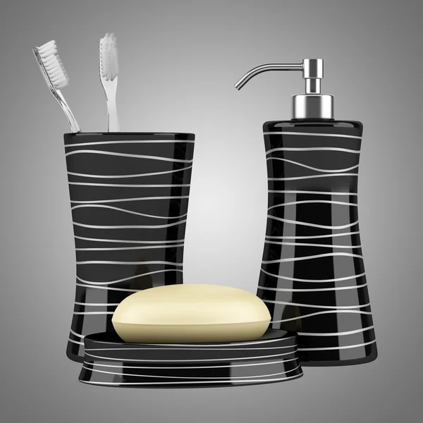 Zeep en tandenborstels geïsoleerd op grijze achtergrond — Stockfoto