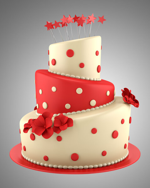 большой круглый красный и желтый торт изолированы на сером фоне

