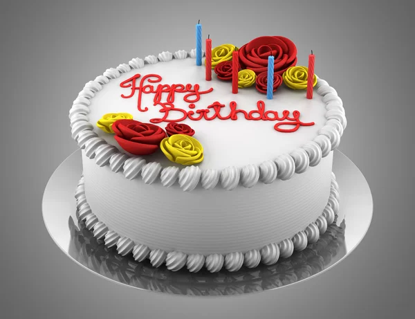 Ronde verjaardagscake met kaarsen geïsoleerd op grijze achtergrond — Stockfoto