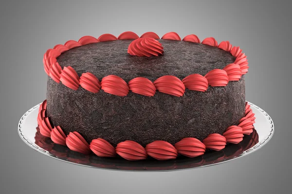 Pastel de chocolate redondo con crema rosa aislado sobre fondo gris — Foto de Stock