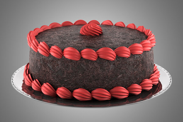 круглый шоколадный торт с розовым кремом на сером фоне
