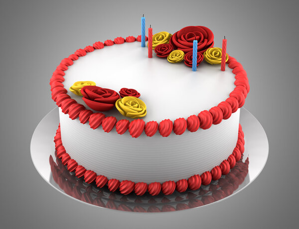 круглый день рождения торт со свечами изолированы на сером фоне
