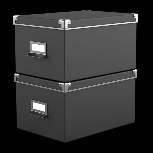 Duas caixas de papelão preto escritório isolado em fundo preto — Fotografia de Stock