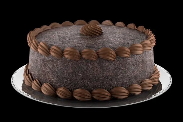 Bolo de chocolate redondo isolado no fundo preto — Fotografia de Stock