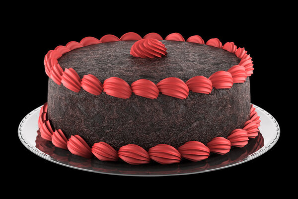 круглый шоколадный торт с розовым кремом изолированы на черной backgroun
