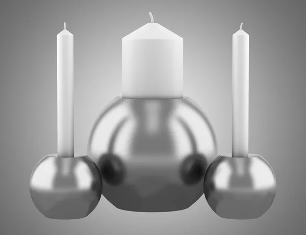 灰色 ba に分離された蝋燭と 3 つの現代ラウンド燭台 — ストック写真