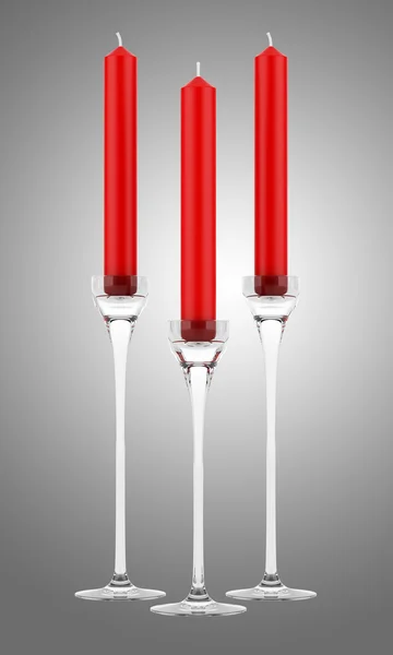 Tre glas Ljusstakar med rött ljus isolerad på grå backg — Stockfoto