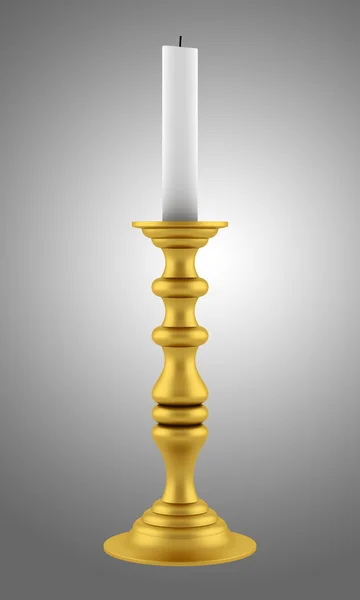 Golden candlestick with candle isolated on gray background — Stock Photo, Image