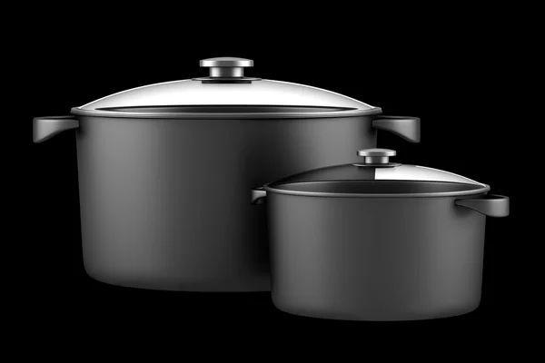 Deux casseroles noires isolées sur fond noir — Photo