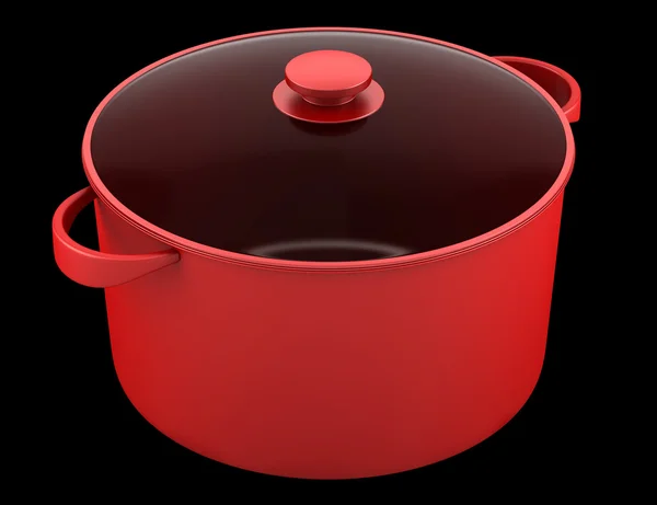 Één rode koken pan geïsoleerd op zwarte achtergrond — Stockfoto