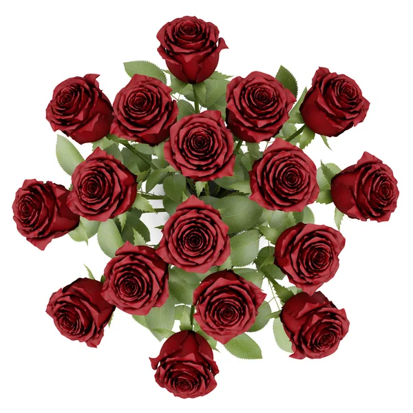 顶视图的孤立白 backgrou 上的花瓶里的红玫瑰花束 — 图库照片