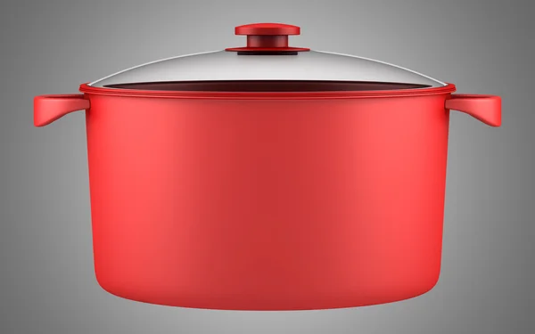 Único frigideira vermelha isolada no fundo cinza — Fotografia de Stock