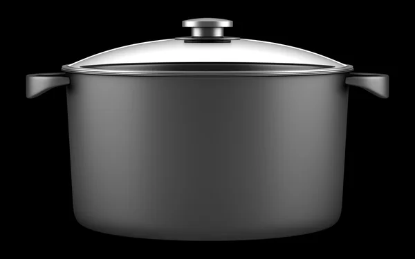 Single black cooking pan isolated on black background — Stock Photo, Image