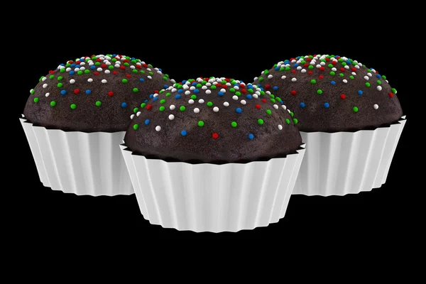 Three chocolate cupcakes isolated on black background — Stock Photo, Image