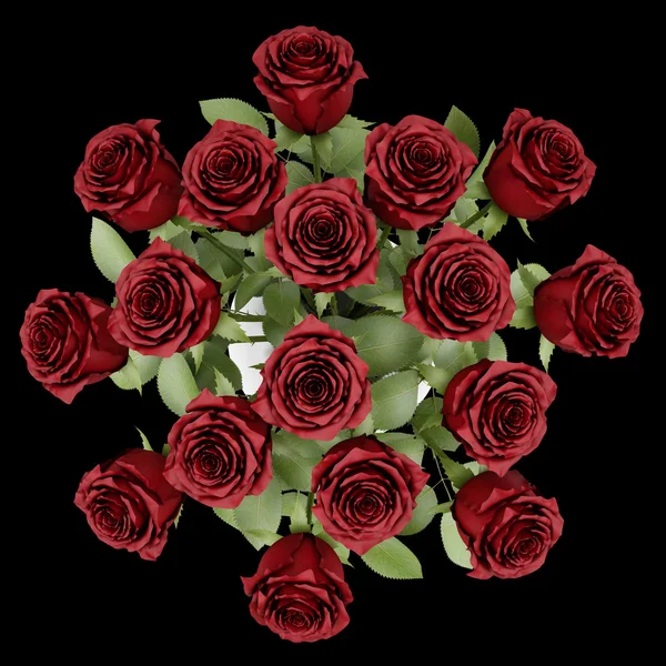 Top view bouquet of red roses in vase isolated on black backgrou — Stock Photo, Image