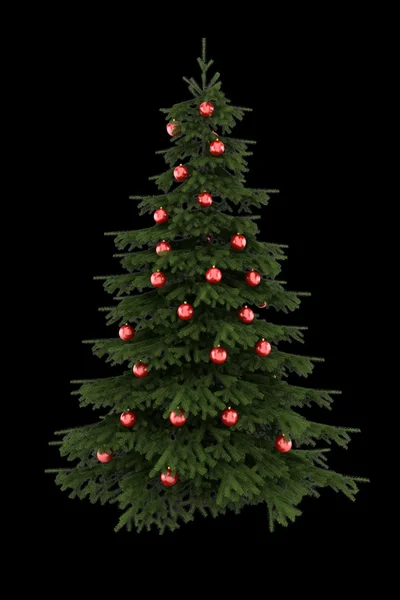 Kerstboom met rode ballen geïsoleerd op zwarte achtergrond — Stockfoto