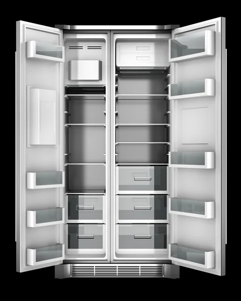 Nyitott ajtók elszigetelt fekete háttér előtt modern hűtőszekrény — Stock Fotó
