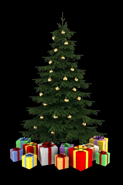 Різдвяна ялинка з кольоровими подарунковими коробками ізольовані на чорному фоні — стокове фото