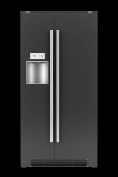 Einzelne moderne schwarze Kühlschrank isoliert auf schwarzem Hintergrund — Stockfoto