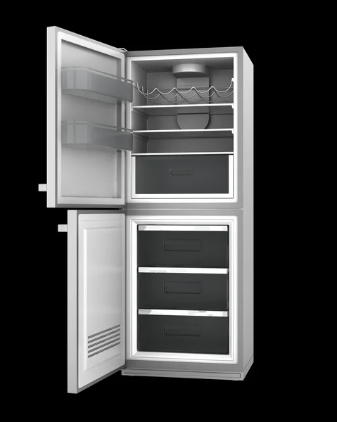 Moderner Kühlschrank mit offenen Türen isoliert auf schwarzem Hintergrund — Stockfoto