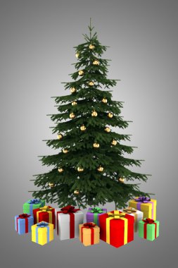 izole gri arka plan üzerinde renkli hediye kutuları ile Noel ağacı