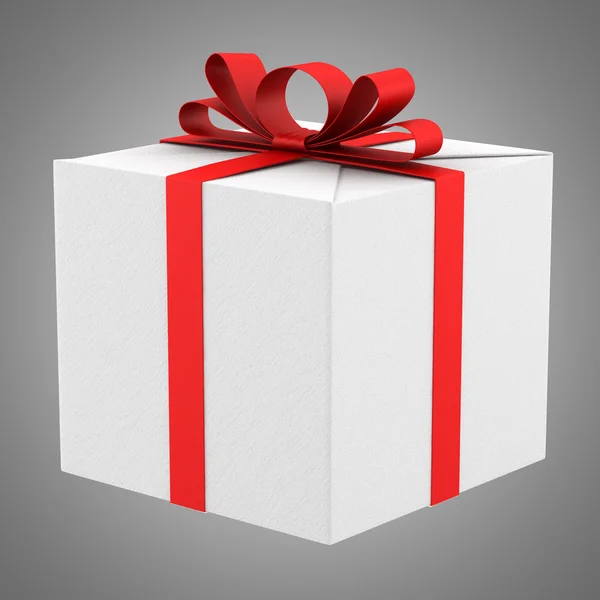 White gift box with red ribbon and bow isolated on gray backgrou — Stock Photo, Image