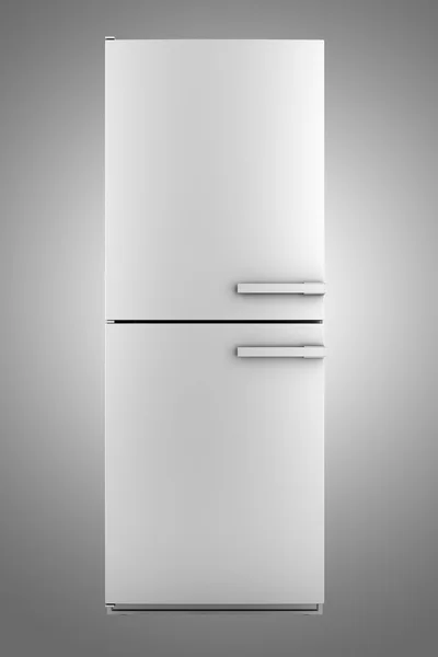 Einzelne moderne graue Kühlschrank isoliert auf grauem Hintergrund — Stockfoto