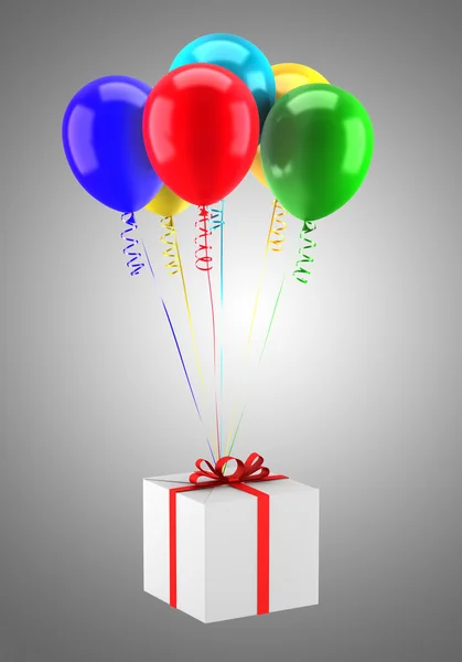Caja de regalo con globos multicolores aislados sobre fondo gris — Foto de Stock