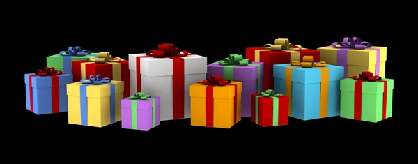 Molte scatole regalo a colori isolate su sfondo nero — Foto Stock