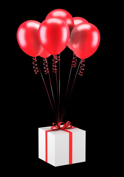 Geschenkbox mit roten Luftballons isoliert auf schwarzem Hintergrund — Stockfoto