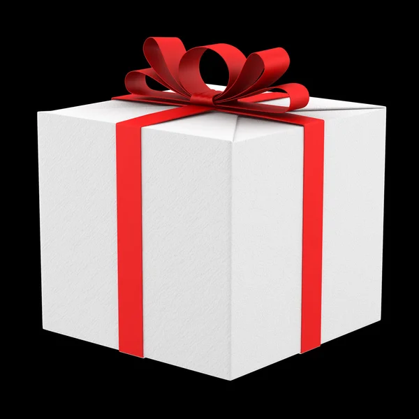 Białe pudełko z czerwoną wstążką i łuk na białym tle na czarny backgro — Zdjęcie stockowe