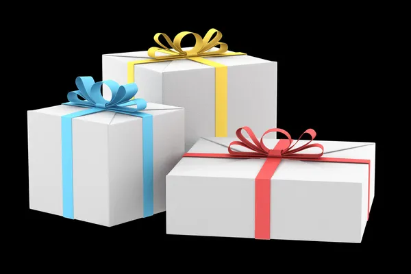 Tre scatole regalo bianche con nastri a colori e fiocchi isolati su b — Foto Stock