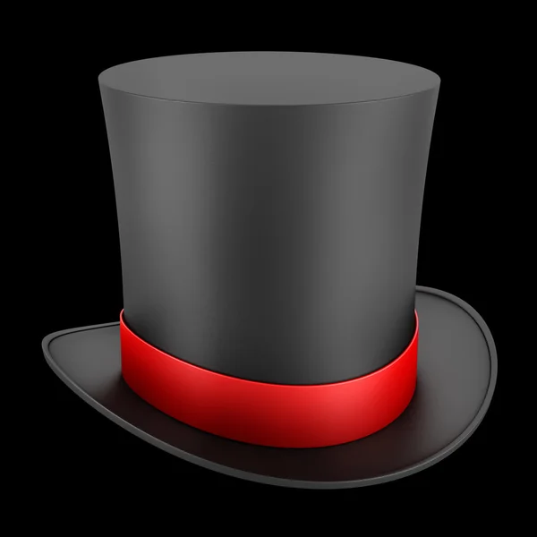 Sombrero de copa negro con franja roja aislada sobre fondo negro —  Fotos de Stock