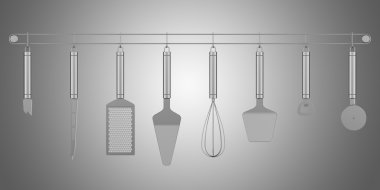 set gri arka plan üzerinde izole metal mutfak eşyaları