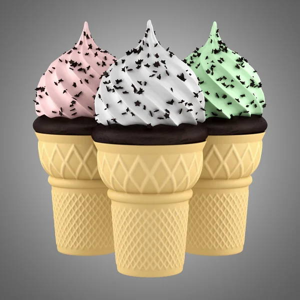 Three ice creams in waffle cones isolated on gray background — Stock Photo, Image