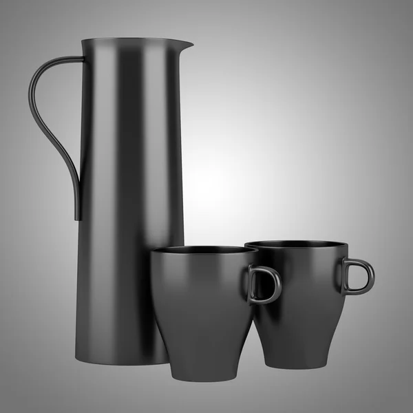 Modern black jug with two cups isolated on gray background — Stock Photo, Image