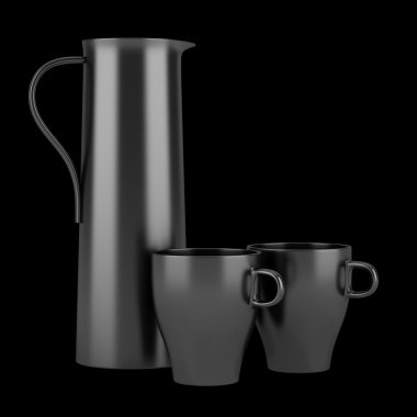 iki siyah arka plan üzerine izole kupa ile modern siyah sürahi