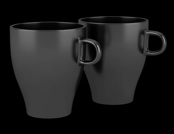 Deux tasses en céramique noire isolées sur fond noir — Photo