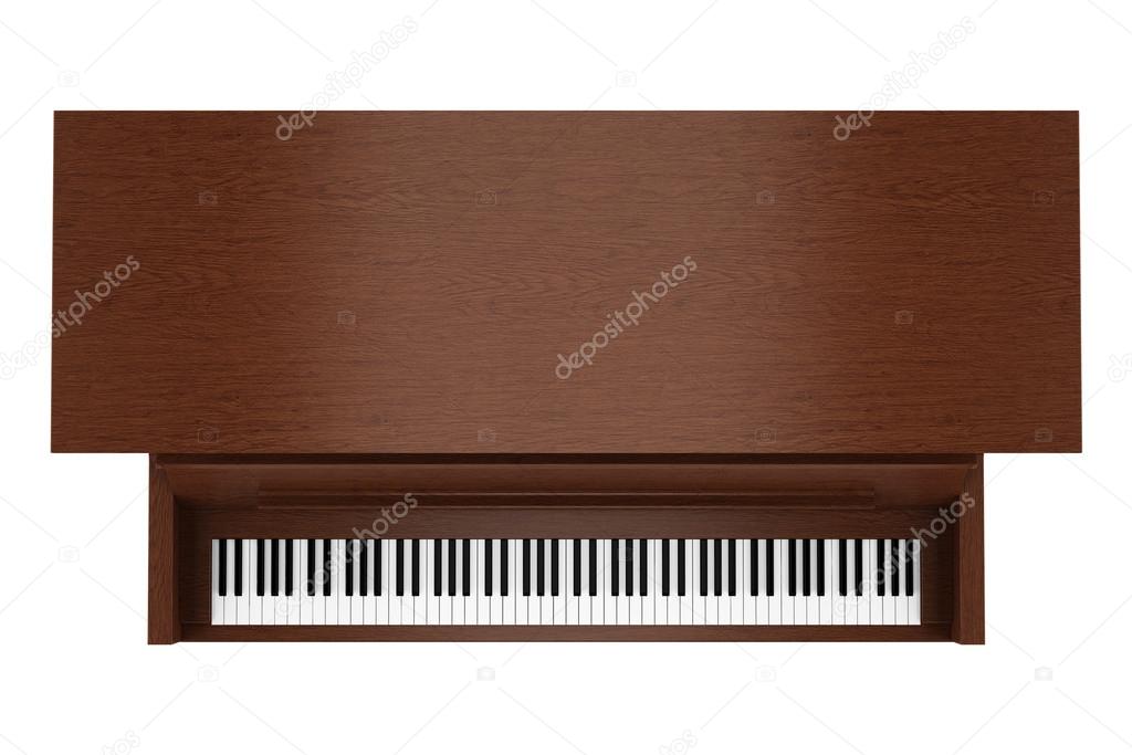 top view of brown upright piano isolated on white background