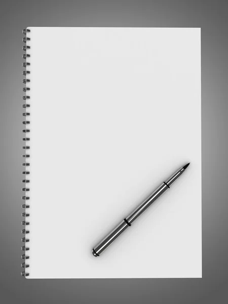 Puste notebook z pióra na białym tle na szarym tle — Zdjęcie stockowe