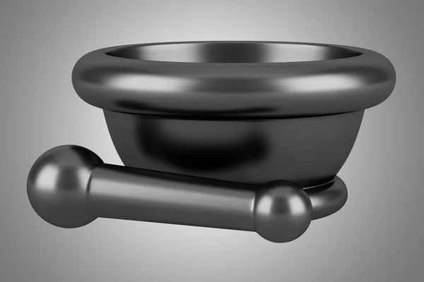 Modern black metallic mortar with pestle isolated on gray backgr — Stock Photo, Image