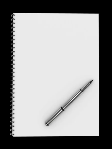Notebook em branco com caneta isolada em fundo preto — Fotografia de Stock