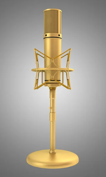 Golden studio microphone isolated on gray background — Stock Photo, Image