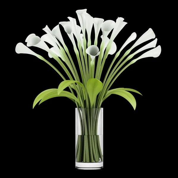 Bouquet of lilies in glass vase isolated on black background — Stock Photo, Image