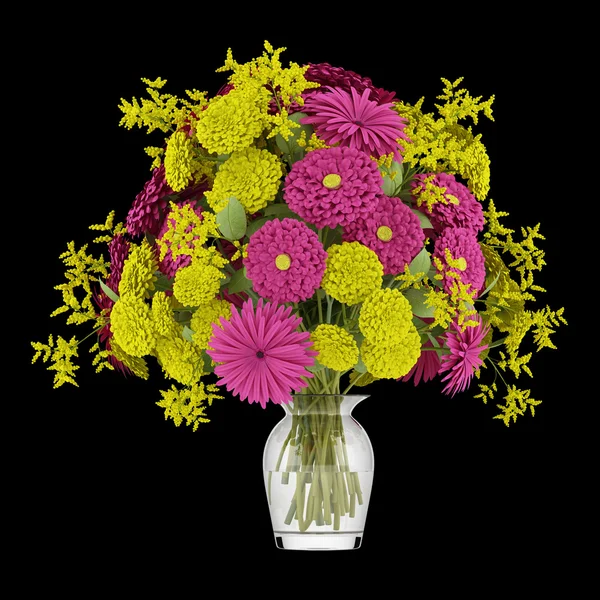 Bouquet of yellow and purple flowers in vase isolated on black b — Stock Photo, Image