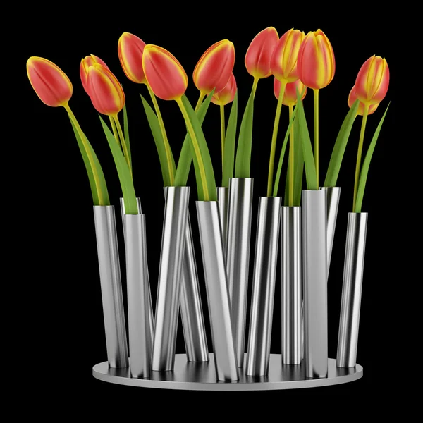 Тюльпани в сучасній металевій вазі ізольовані на чорному фоні — стокове фото