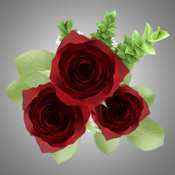 Tampilan atas dari tiga mawar merah dalam vas terisolasi pada latar belakang abu-abu — Stok Foto