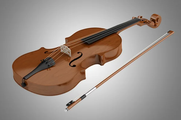 Violino marrone con arco isolato su sfondo grigio — Foto Stock