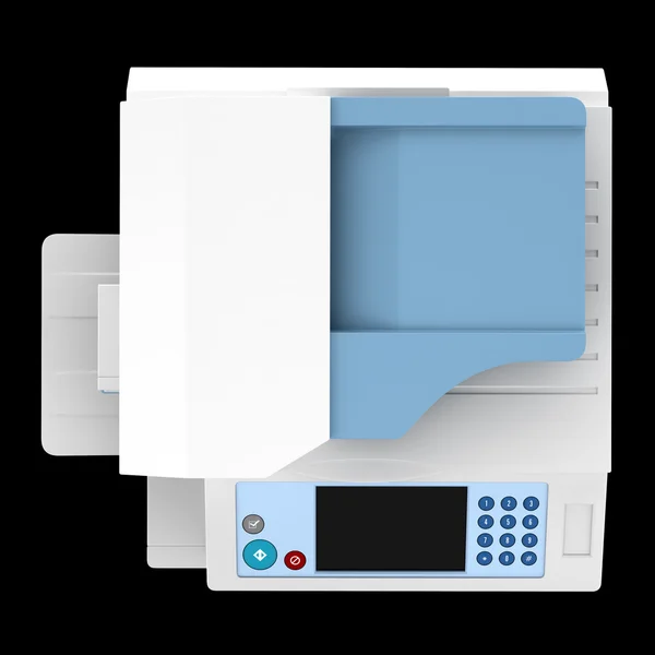 Top view of modern office multifunction printer isolated on blac — Stock Photo, Image