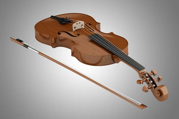Коричневая скрипка с луком на сером фоне — стоковое фото